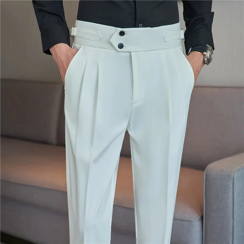 British Style Autumn New Solid High Waist Trousers Men Formal Pants High Quality Slim Fit Business Casual Suit Pants Hommes