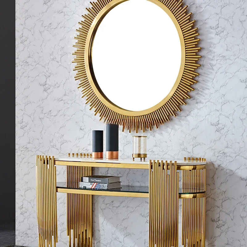 

New arrival China Wholesale Gold ellipse console table entryway marble top stainless steel tables