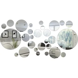 32Pcs Modern 3D Mirror Wall Sticker Circle Silver Mirror Decals Self-Adhesive Art Ornaments Home Background Decoration