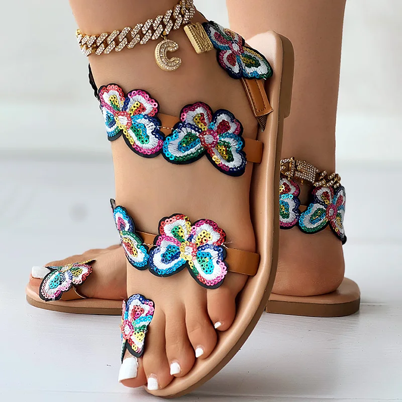 Women Fashion Casual Shoes Flat Summer Butterfly Pattern Toe Ring Slingback Beach Sandals