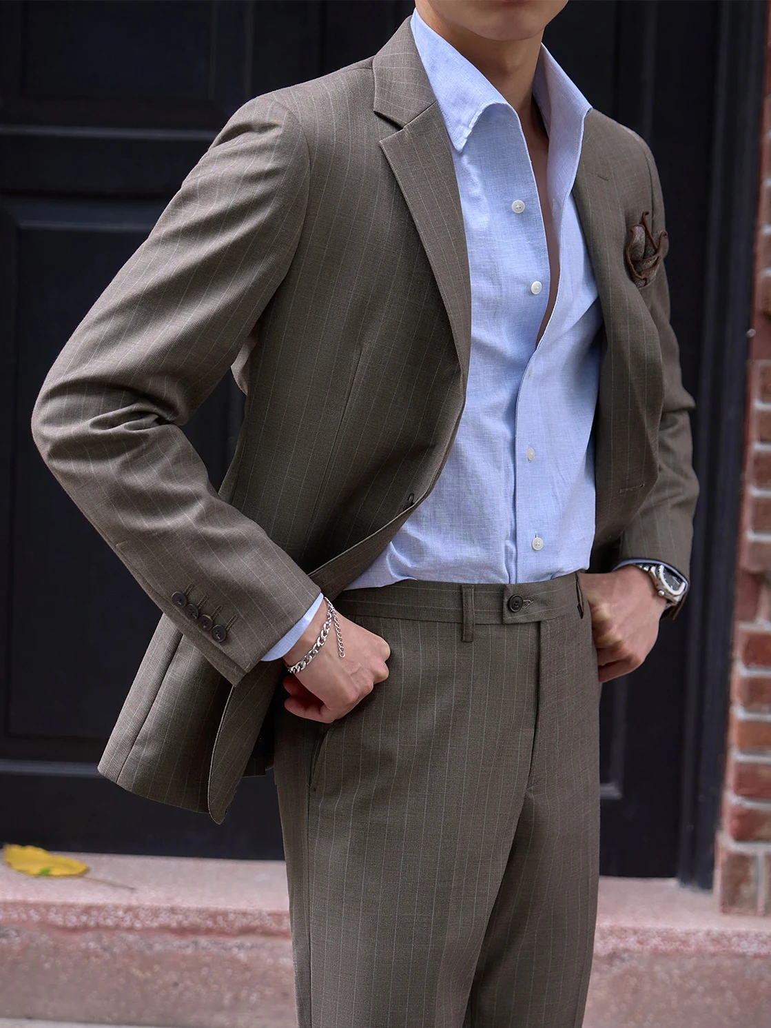 YF49 Italian Striped Men's Single-breasted Commuter Suit Slim-fit Fashion Business Casual Professional Formal Jacket