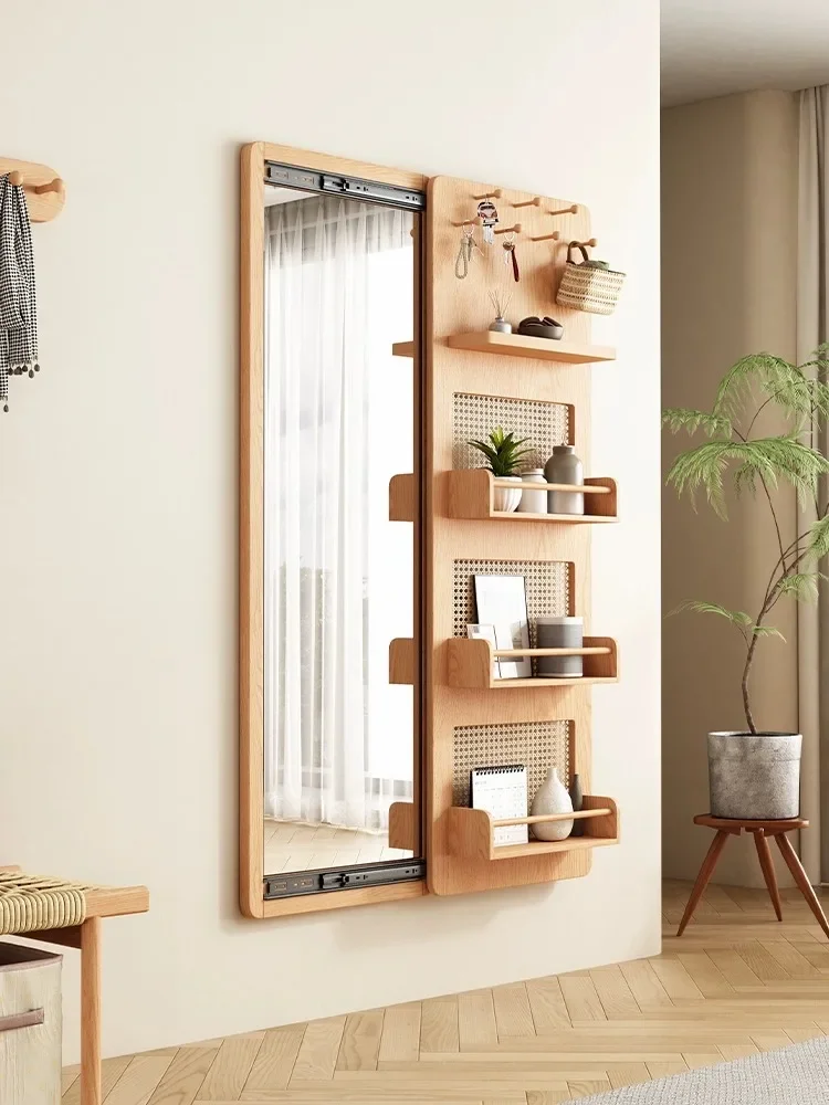 Modern simple solid wood full-body mirror home bedroom Japanese-style wall-mounted fitting mirror hidden push-pull storage makeu