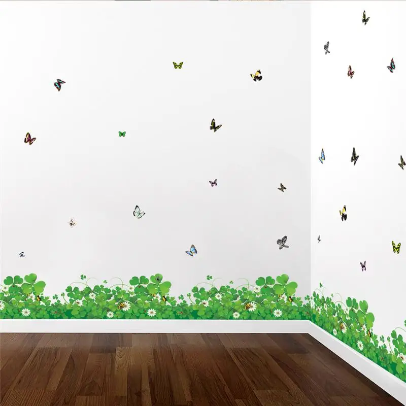 Green Clove Flowerss Butterfly Wall Sticker For Living Room Bedroom Home Decoration Diy Pvc Baseboard Wall Art Plant Decal