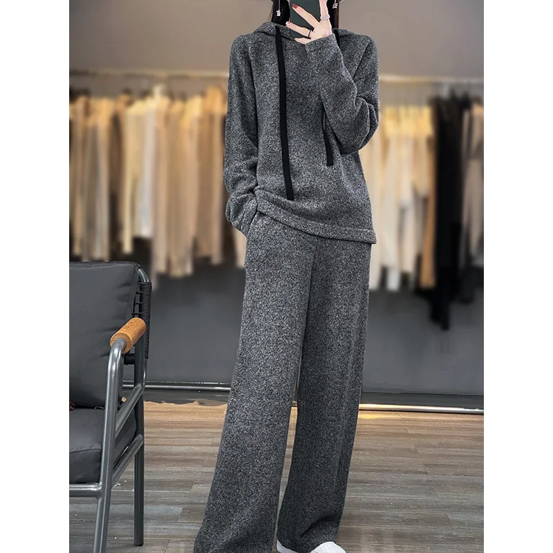 Women\'s 100 Australian Wool Hooded Set 23 New Pullover Sweater Solid Color Knitted Loose Pants Wide Leg Pants Two Piece Wool Set