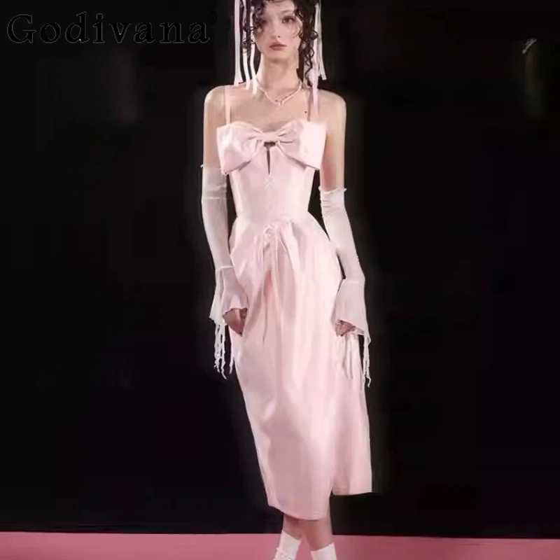 

Spring Summer Elegant French Girl Pink Sweet Bow Princess Dress Fashion High Waist A-line Sexy Slash Neck Lace-up Party Dresses