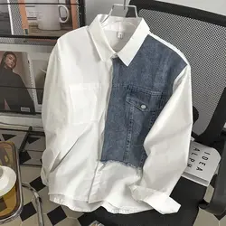 2023 New Spring and Autumn Niche Design, High Street Couple Loose Casual Fashion Label Denim Patchwork Long Sleeved Shirt