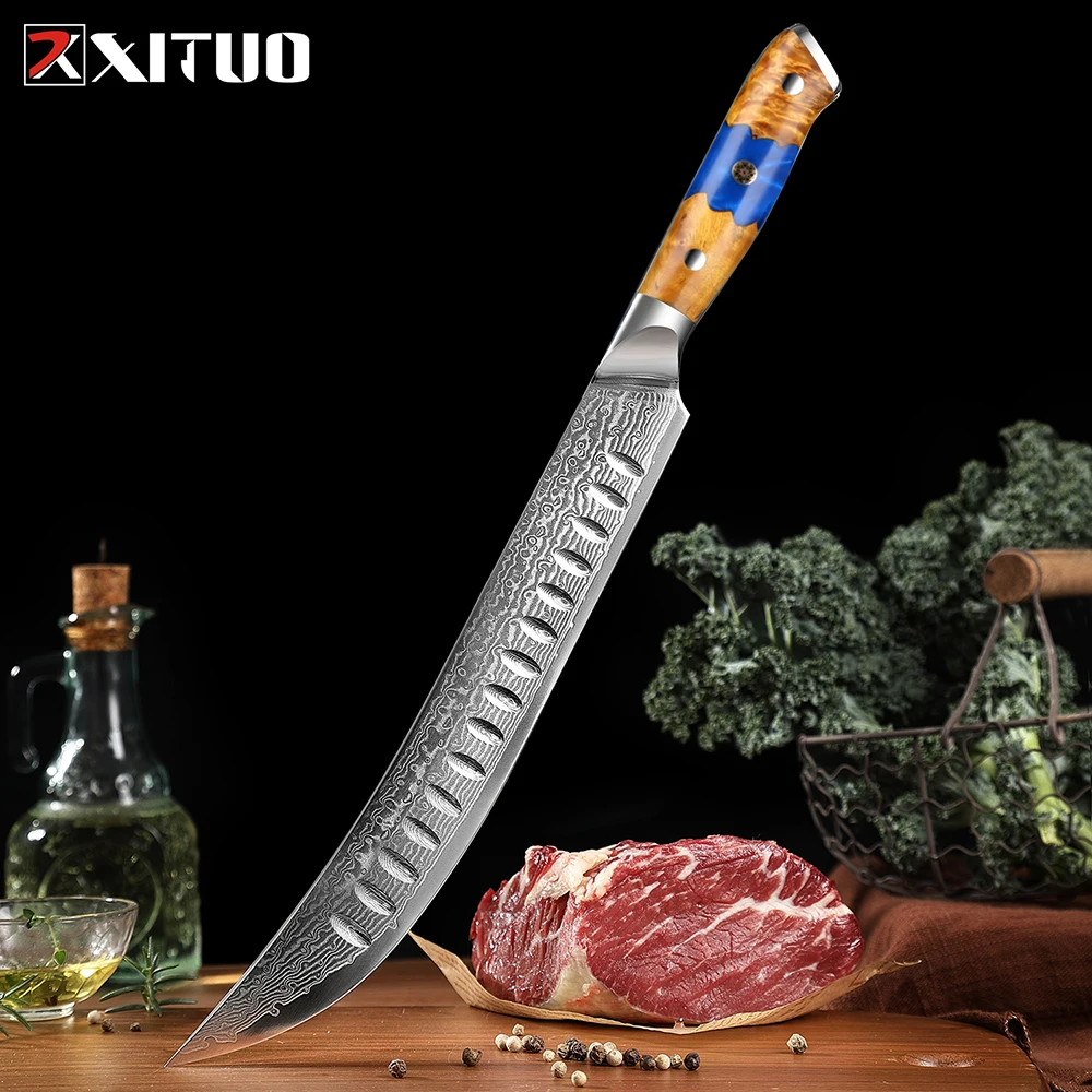 XITUO Brisket Slicing Knife Japanese Damascus Super Steel Kitchen Knife Vacuum Treated Sharp Slicer Knife Bread Knife Ham Knife