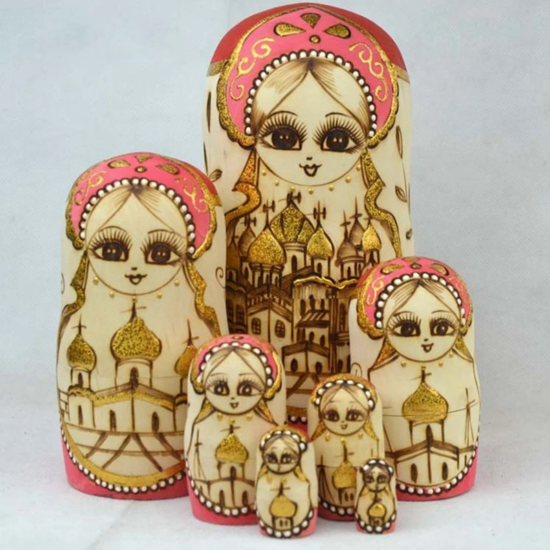 7PCS Matryoshka Dolls Nesting Dolls Handmade Cute Wood Russian Nesting Doll DIY Castle Cute Nesting Dolls