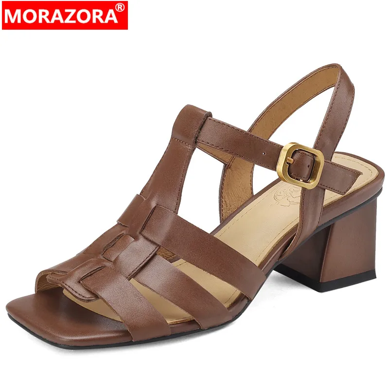 

MORAZORA 2024 New Genuine Leather Slingbacks Sandals Woman Classics Square Med Heels Sandals Buckle Ladies Casual Shoes