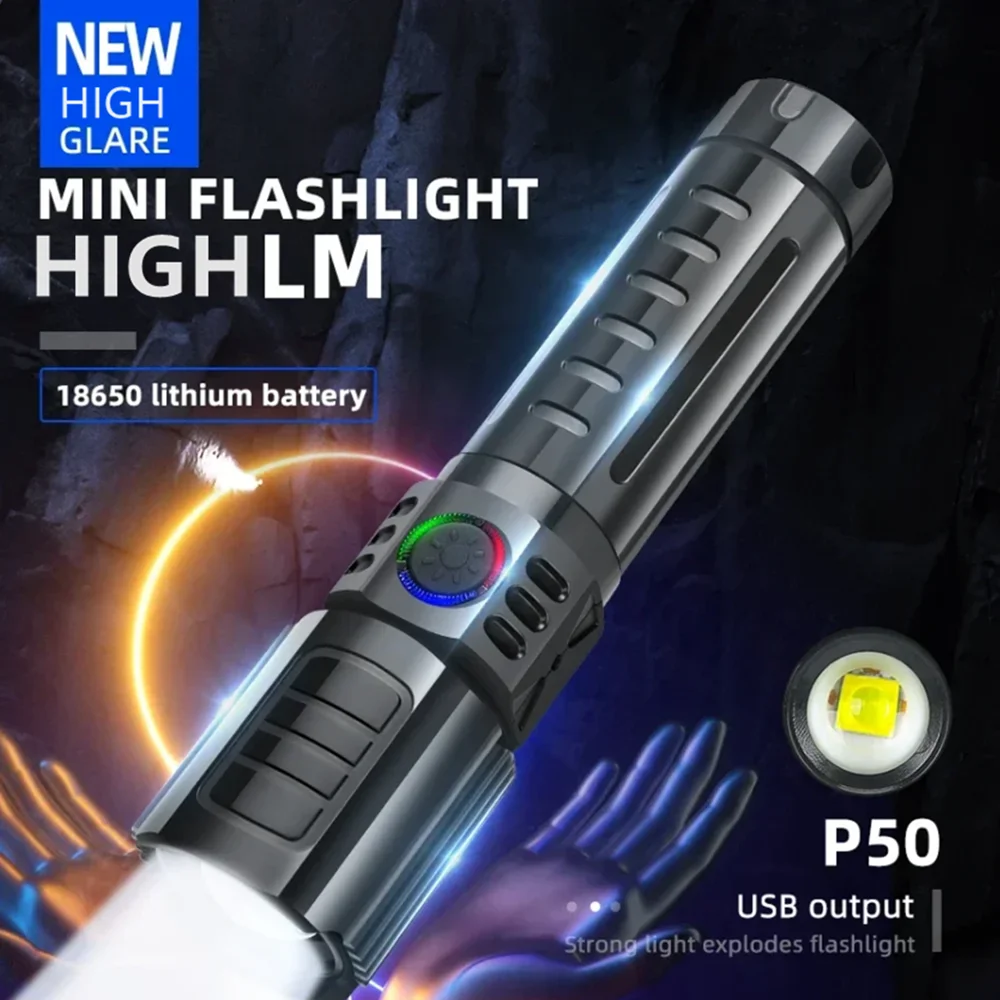 

Powerful Long Range LED Flashlight With Power Display Type-C Rechargeable Light Telescopic Zoom Torch Lamp For Camping Fishing