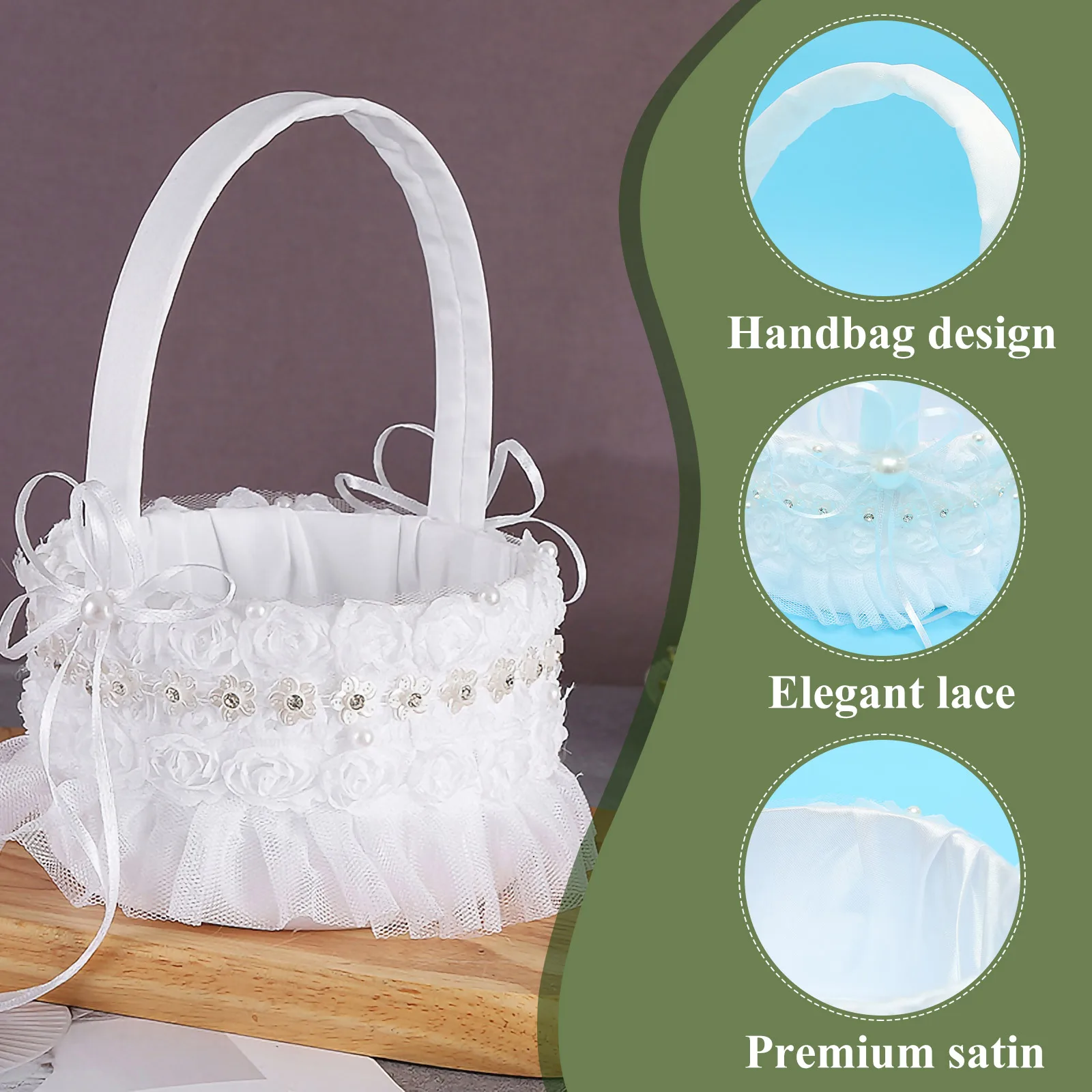 

Luxury Satin Lace Wedding Basket For Flowers Petals Gift Storage Handheld Decorative Party Supplies Lightweight Portable Rose