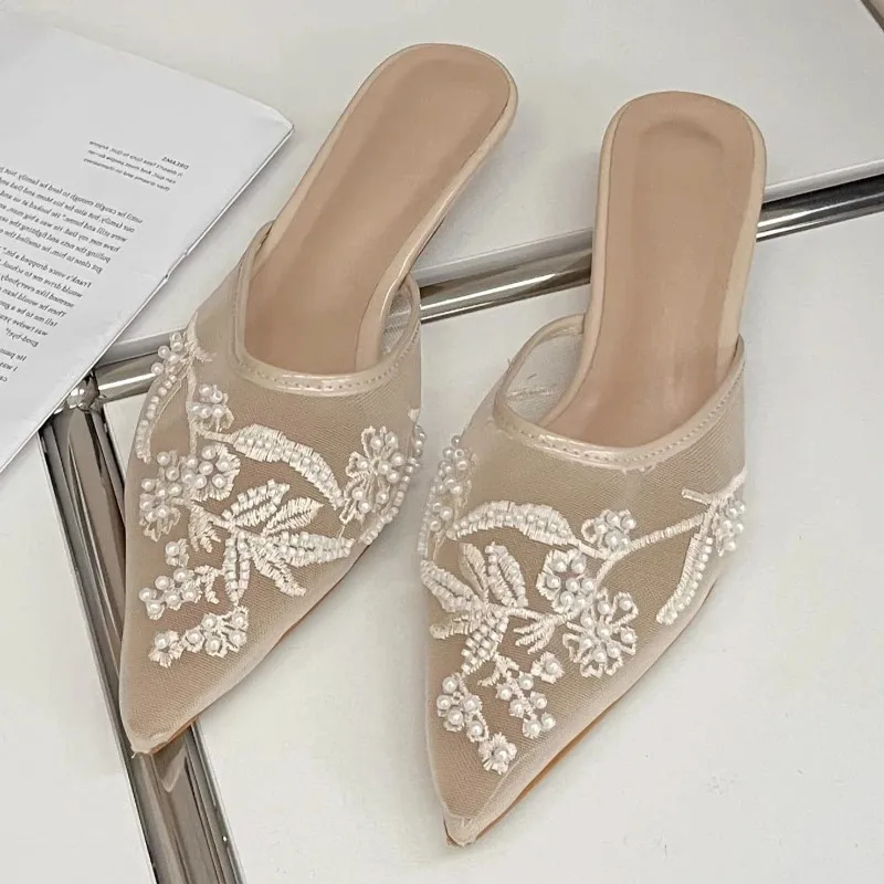 

Elegant Kitten Heel Slippers Women Fashion String Bead Embroidery Mesh Low Heel Sandals for Ladies Summer Comfort Mules Slippers