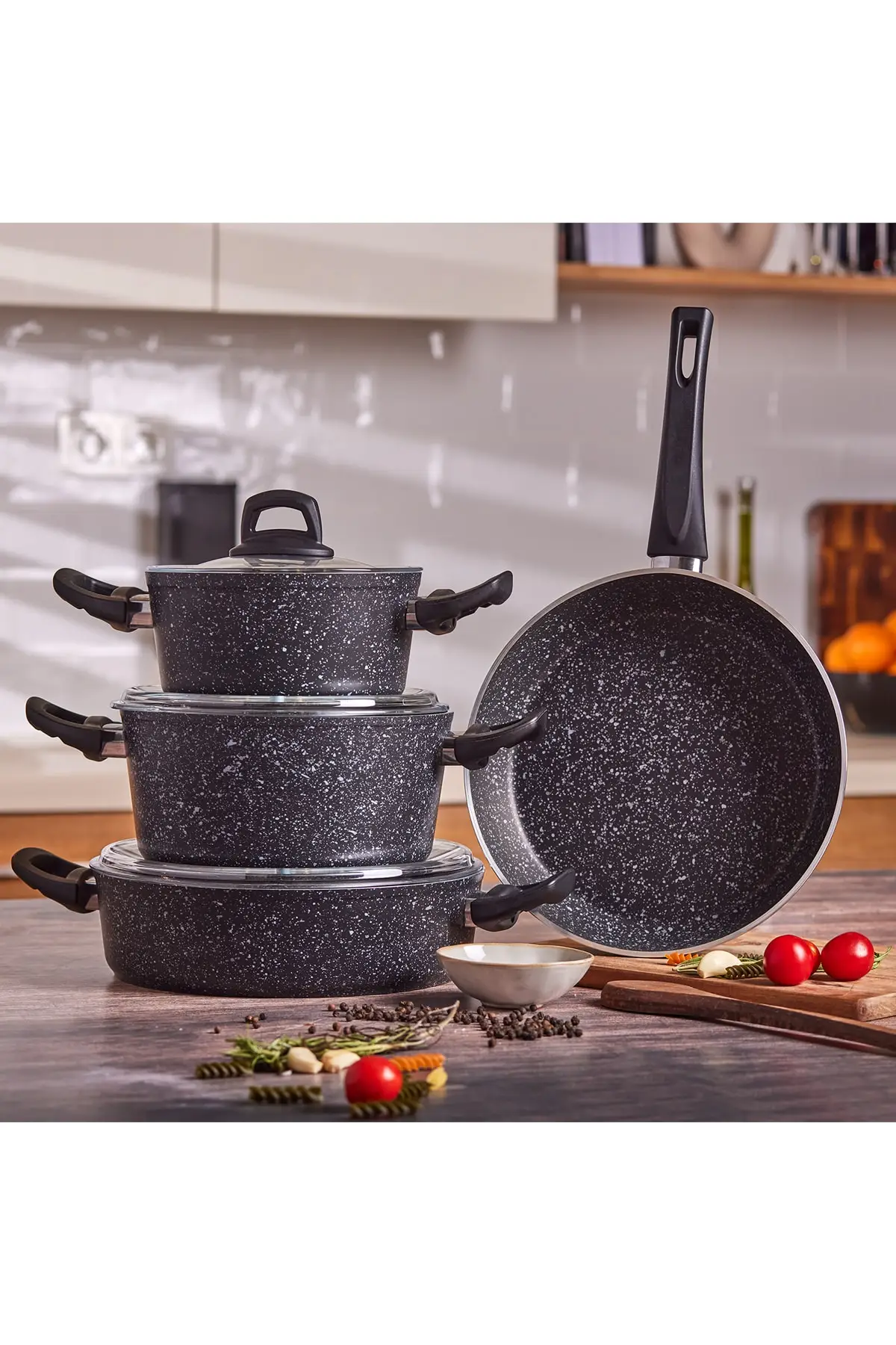 7 Pieces Black Granite Pot Set Content 18 cm, Pot 1.7 Liter 22 cm, Pots 3.5 Liters 26 cm, Pot 3 Liters 26 cm, Pan