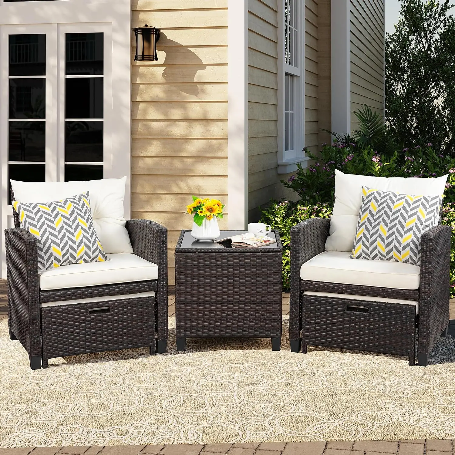 Patio Chair with Ottoman, 5 Pieces Patio Furniture Set Small Balcony Furniture, Rattan Patio Chairs Set of 2 with, Customized