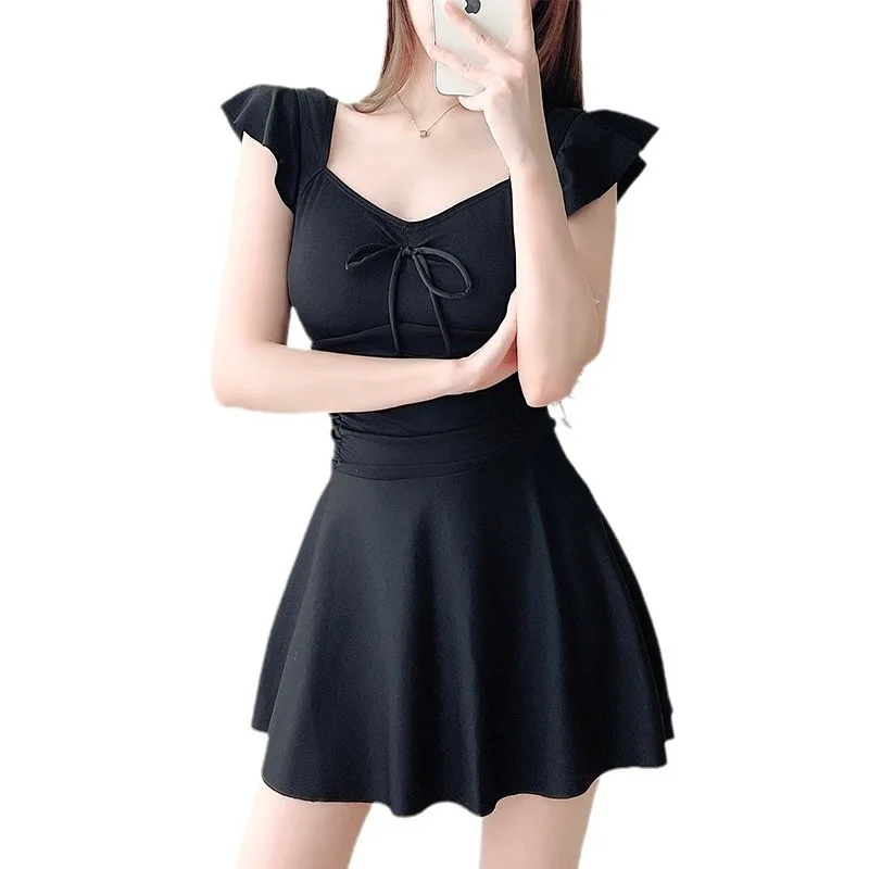 Swimsuit women's one-piece solid color skirt conservative slim fit cover the flesh cover belly student hot spring