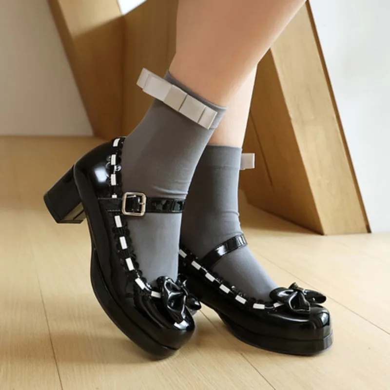 

Size 34-48 Woman Med Heel Lolita Shoes Patent Leather Cute Bow Mary Jane Pumps Bride Wedding Cosplay Party Red Pink Black Green