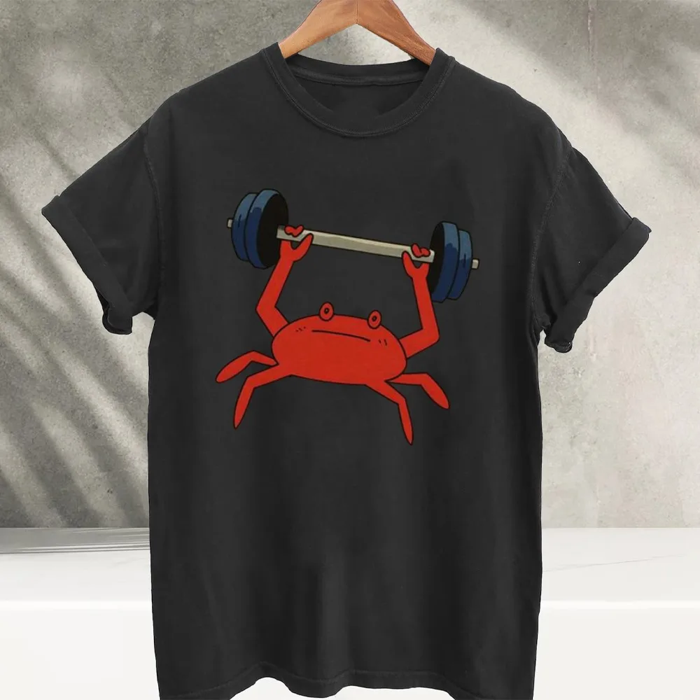 Funny Weightlifting Red Crab Lifting Barbell Graphic T‑Shirt Cute Sea Animal Gym Fitness Workout Cartoon Print Soft Cotton Tees