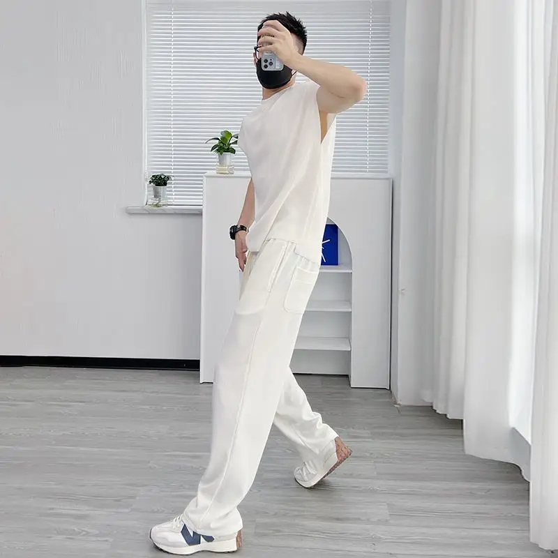 Men's Ice Silk Pants Summer High Street Solid White Casual Trousers Plus Size Baggy Wide Leg Straight Long Pants Streetwear