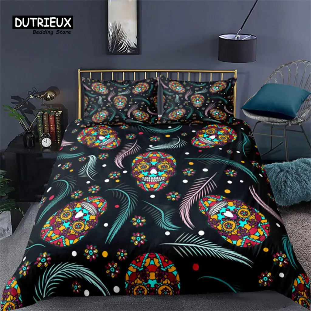 

Colorful Sugar Skull Skeleton Quilt Cover Gothic Skull Bedding Set Queen Size Microfiber Horror Theme Feather Black Duvet Cover