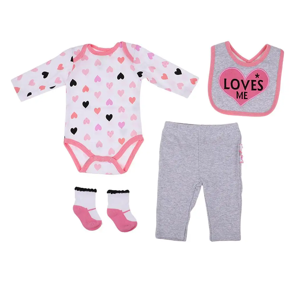 Doll Accessories 4pcs Newborn Baby Clothing Set Lovely Outfit Jumpsuit Pink Gray Dress for Reborn Dolls 22-23 Inch