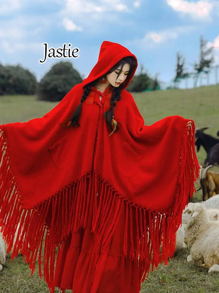 

Jastie Red Bohemian Cape High-quality Coat Travel Vacation Autumn And Winter Poncho Women Solid Color Handmade Tassel Shawl Tops