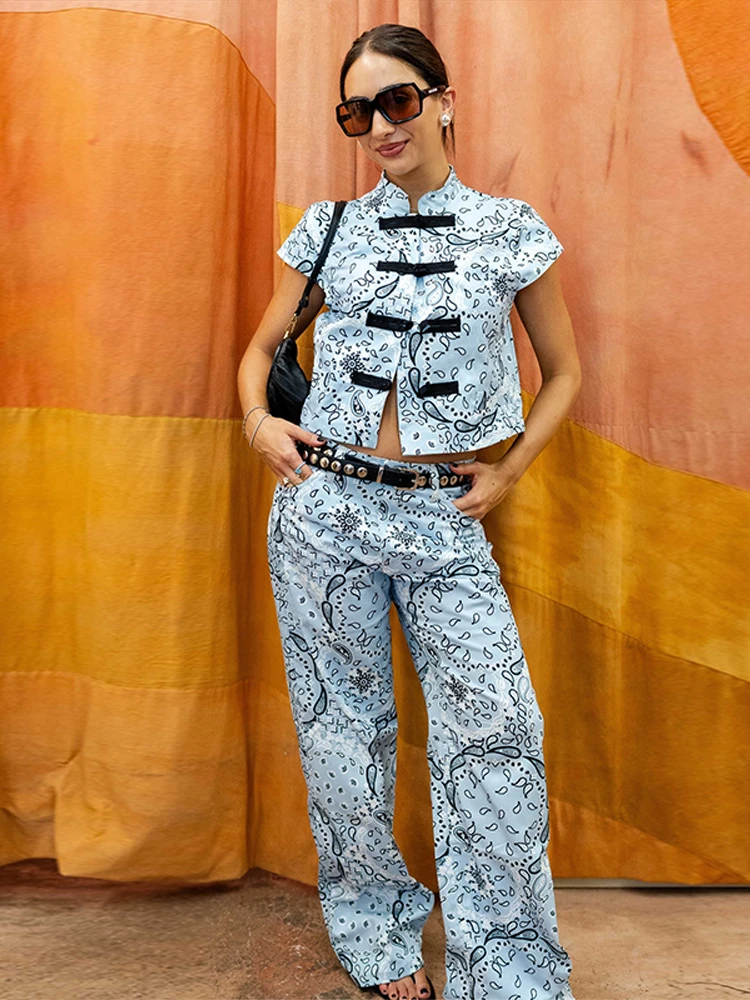 Bedrucktes Frosch-Motiv Weste und Hose 2-teiliges Set Damen Vintage Stehkragen Crop-Top Weite Hose Schicke Damenoutfits Neu – Detail 18