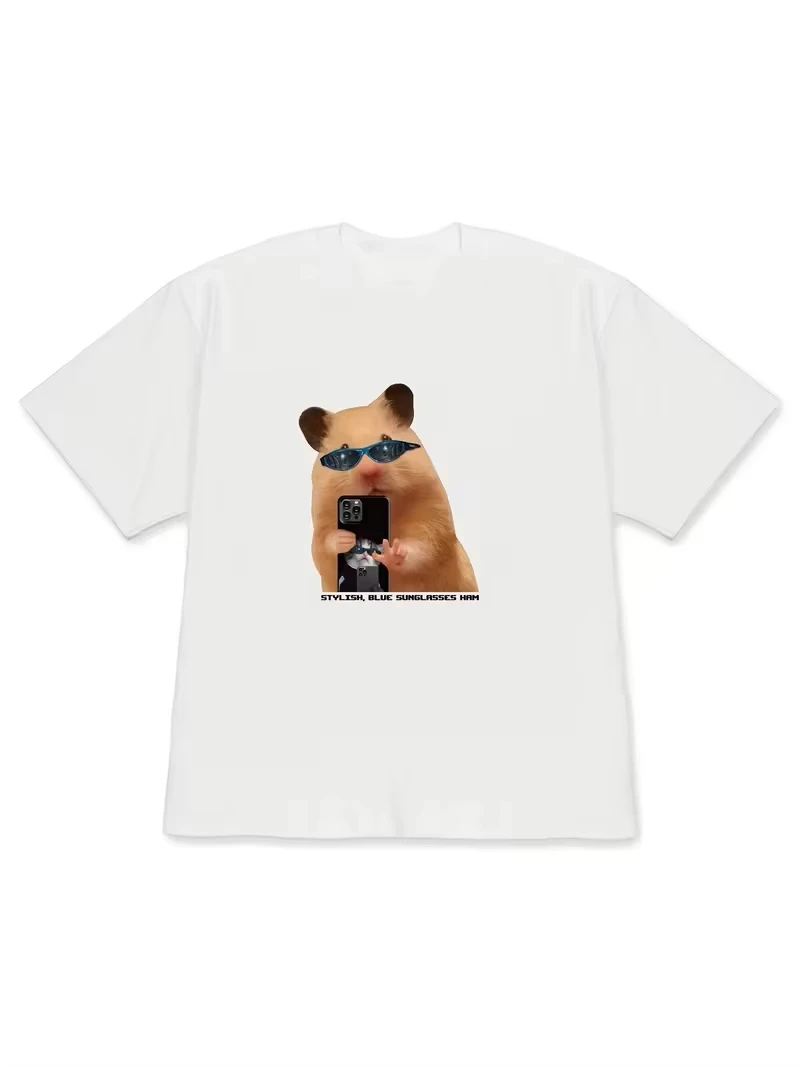 2026 Funny Meme Hamster with Headphone Print T-Shirt Korean Cute Loose Oversized Short Sleeve Casual Stre