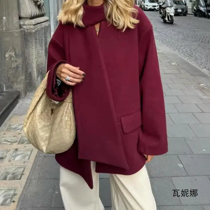 

Autumn Women Vintage Loose Casual Long Sleeve Scarf Collar Wool Coat Women's Clothing