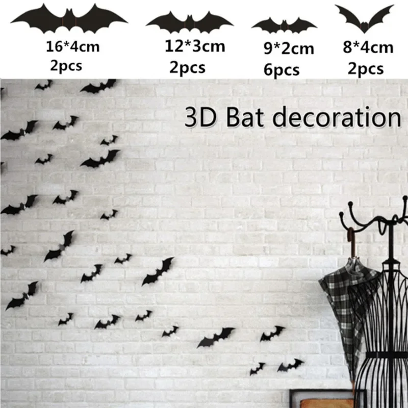 12pcs/set DIY Halloween Party Supplies PVC 3D Decorative Scary Bats Wall Decal Wall Sticker, Halloween Eve Decor