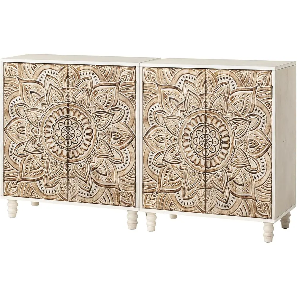 

2-Piece White Lotus Design Wooden Buffet Cabinet Set for Living Room, Hallway, and Kitchen Storage