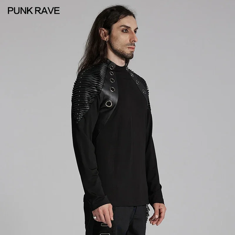 PUNK RAVE Men's Punk Power Sense Shoulder 3D Pleating Personalized Rivets Long T-shirt Handsome Cool Male Tees Tops Streetwear