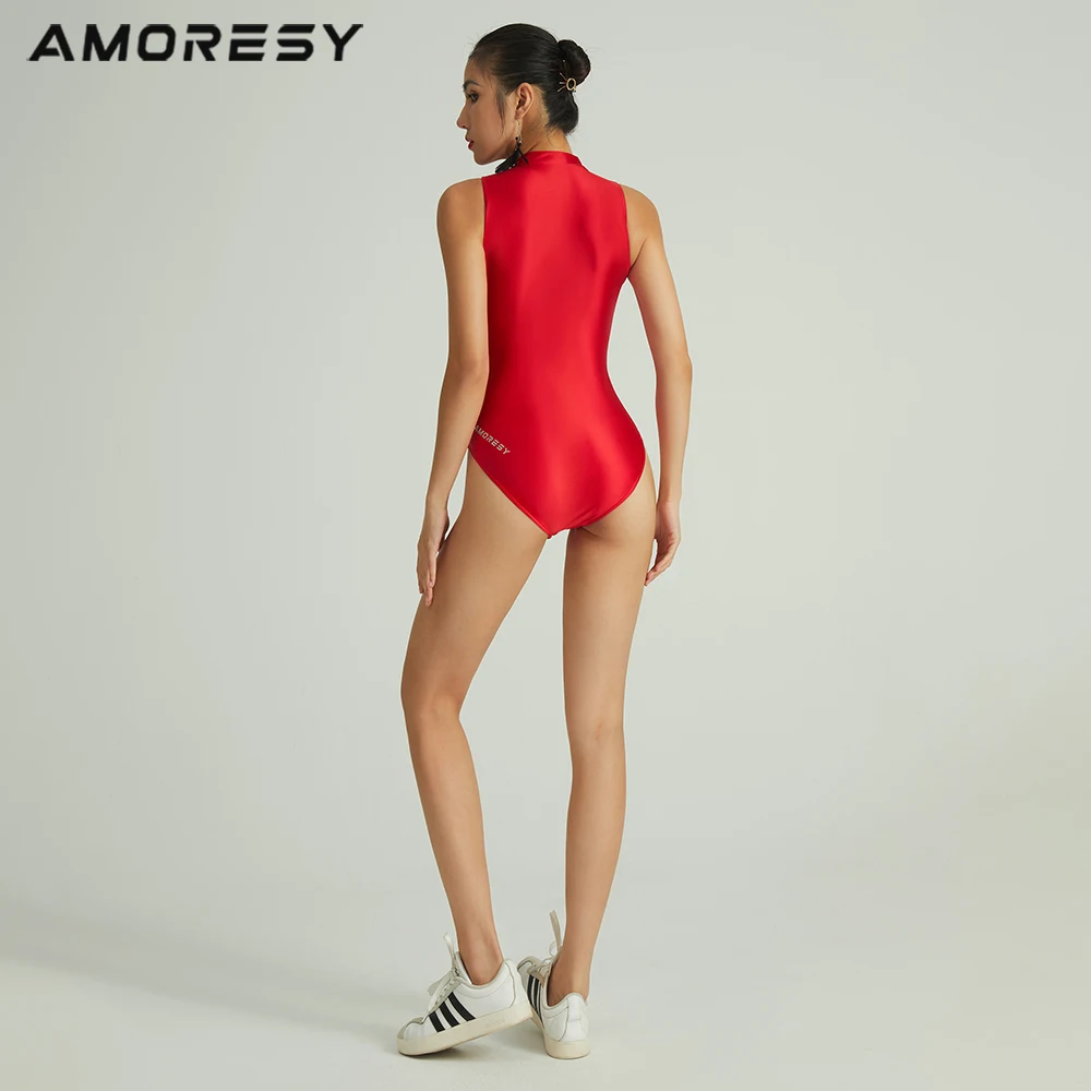 AMORESY Eris Series Two way Open Close Front Zipper Style Sunscreen Fabric One piece Hot Spring Sports Swimsuit