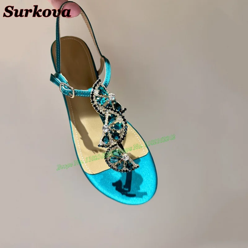 2024 New Rhinestone Clip-Toe Flat Shoes For Women Round Head Comfortable Leather Sandals Summer Outdoor Casual Dress Beach Shoes