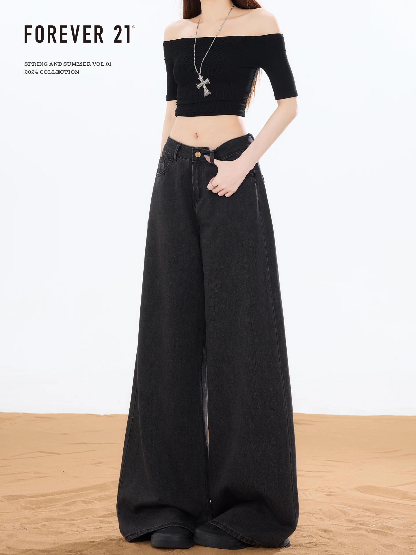 Forever 21 Vintage High Waist Wide Leg Jeans Women Loose Fitting Floor Length American Style Pear Shaped Casual Denim Trousers