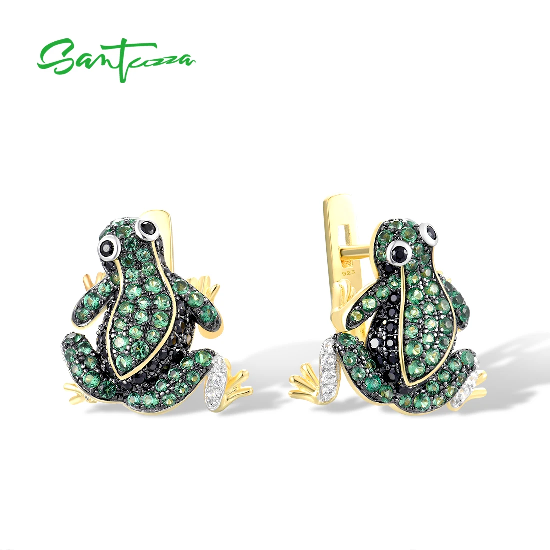 SANTUZZA Pure 925 Sterling Silver Earrings For Women Sparkling Green Black Spinel White CZ Earrings Frog Animal Fine Jewelry