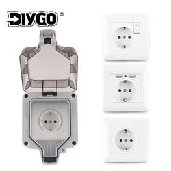 IP66 EU Germany Standard  Waterproof Outdoor Power Socket Wall Socket With Switch USB Outlet For Home Garden workshop 16A  250V