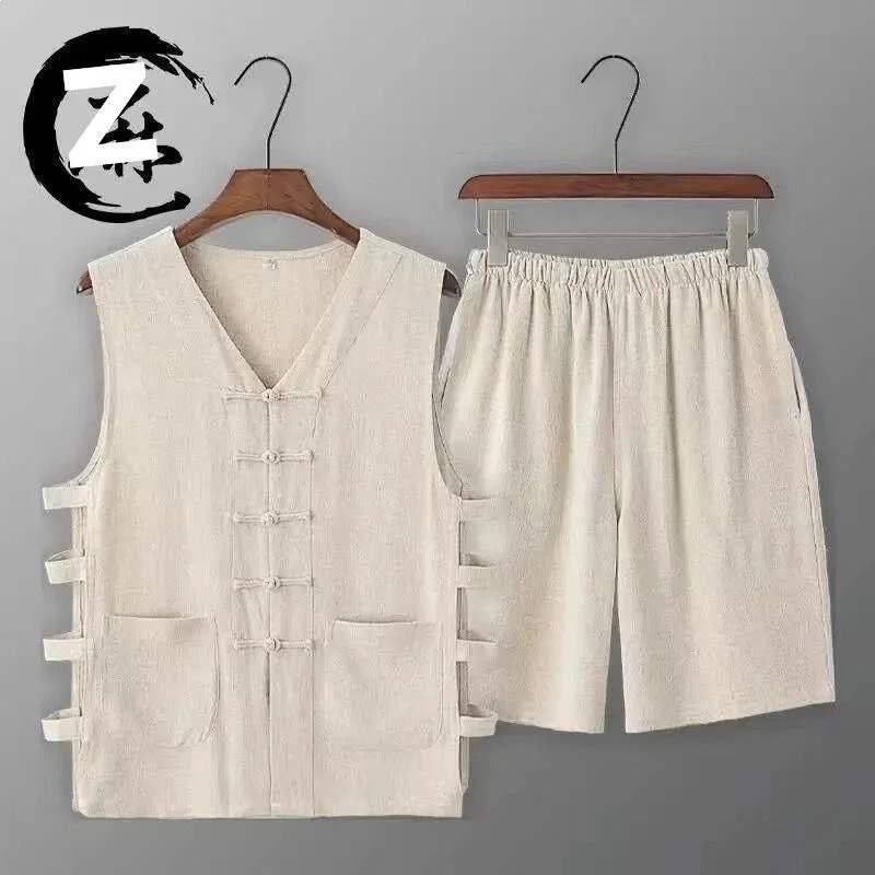 Loose Breathable Thin Men's Tang Suit Vest And Shorts Set Buttoned Retro Coat Casual Summer Clothing Comfortable Sweatshirt