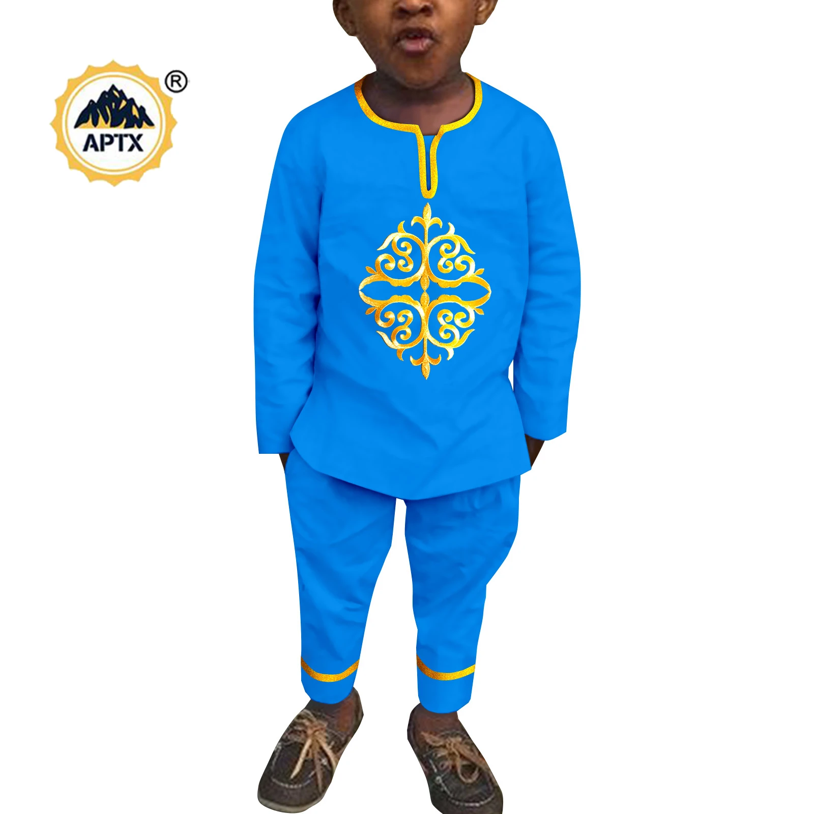 African Boy Chothes Appliques Top Shirt and Pants Sets Kid Suits Bazin Riche Children Bright Silk Outfits Kaftan Y224030