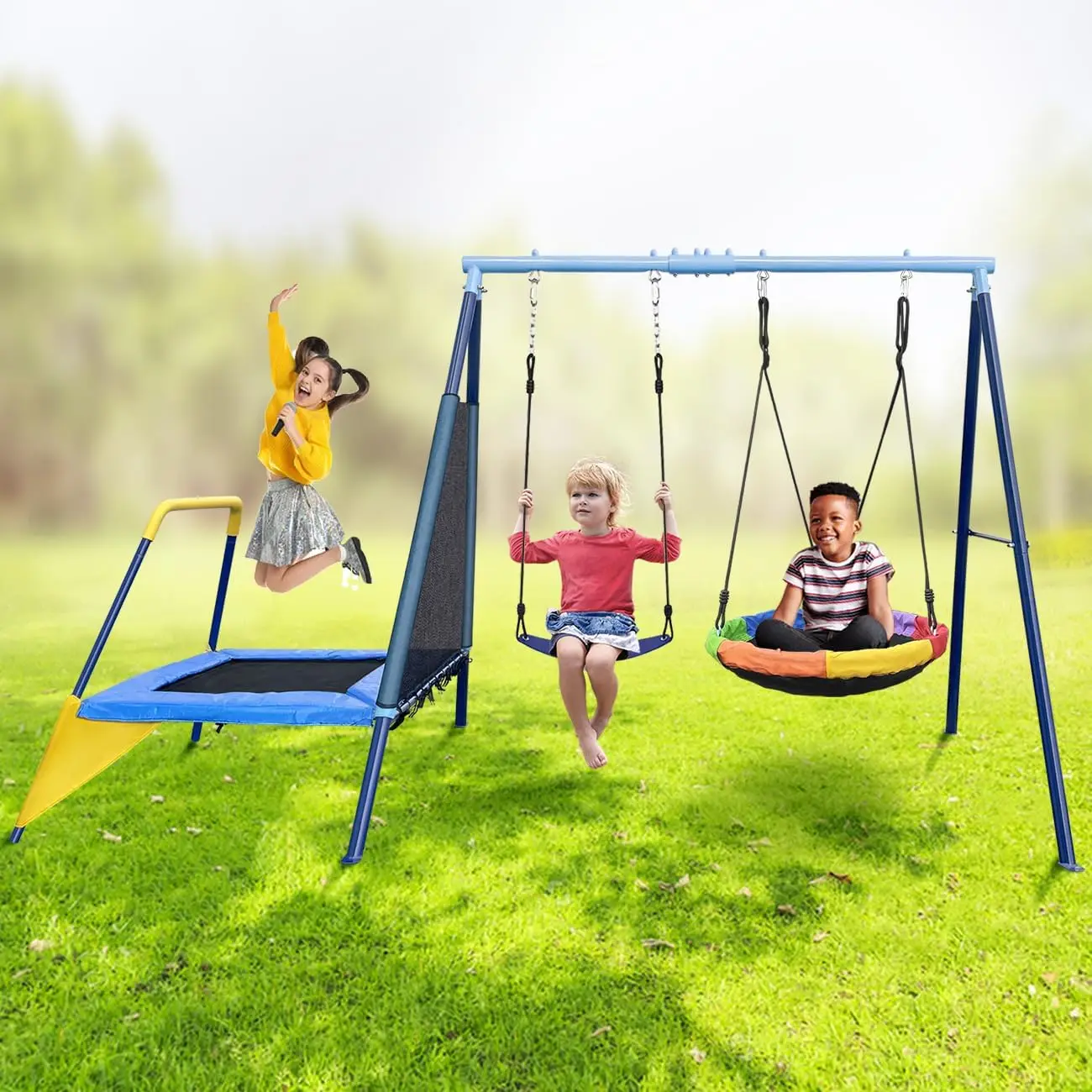 440lbs Kids Swing Set for Backyard, Saucer Swing, Belt Swing, Trampoline, 6 Ground Stakes, for 3-8 Years Old