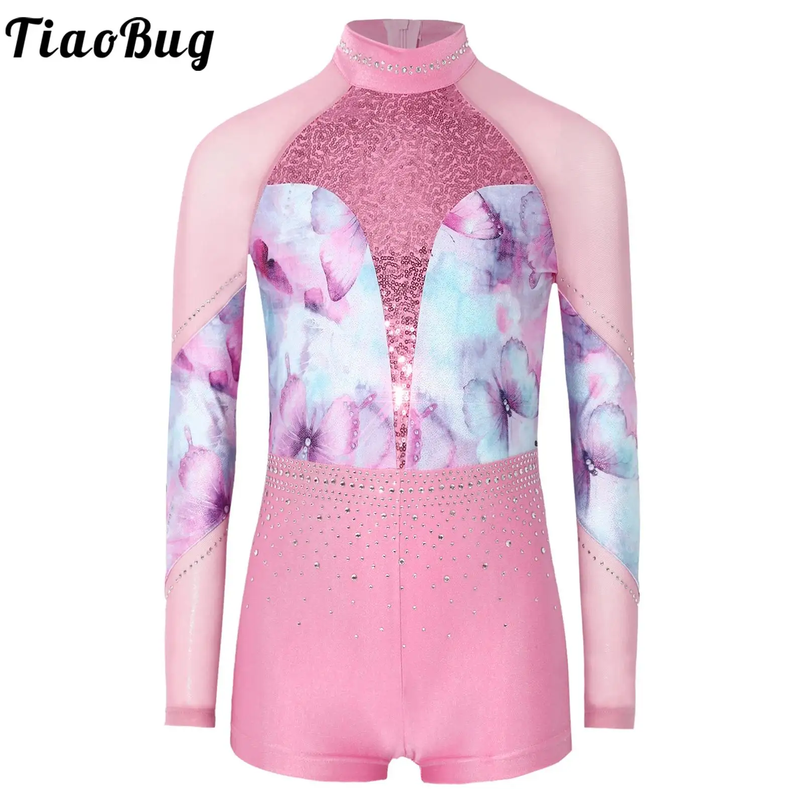 Kids Girls Ballet Jazz Dance Leotards Shiny Rhinestones Rhythmic Gymnastics Jumpsuit Long Sleeve Mesh Sequins Tumbling Outfits