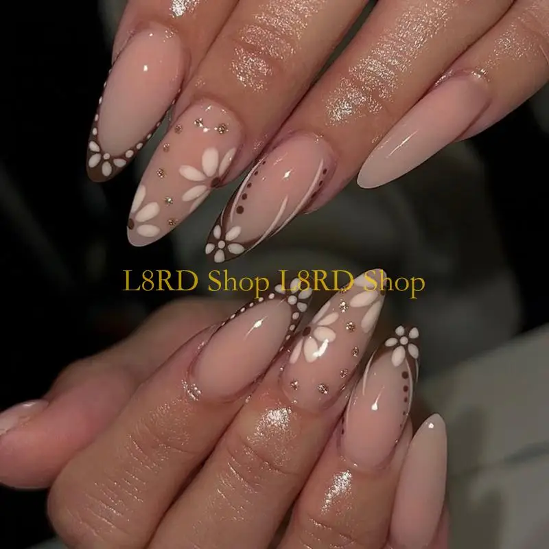 L8RD Faux Autumn Gleaming Flower Teardrop Print Length Press On 24Pieces Artificial Fingernails