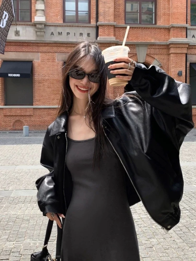 Czarna kurtka skórzana z zamkiem błyskawicznym ze skóry PU damska High Street koreański styl punkowy kurtka skórzana damska 2025 jesień moda casual płaszcz