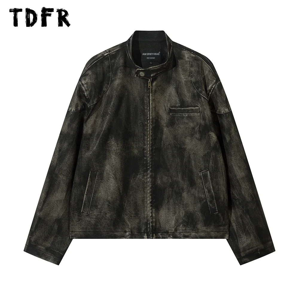 

Vintage Leather Jacket Mens Spliced Casual Streetwear Autumn Stand collar Long Sleeve Loose Outerwear Men