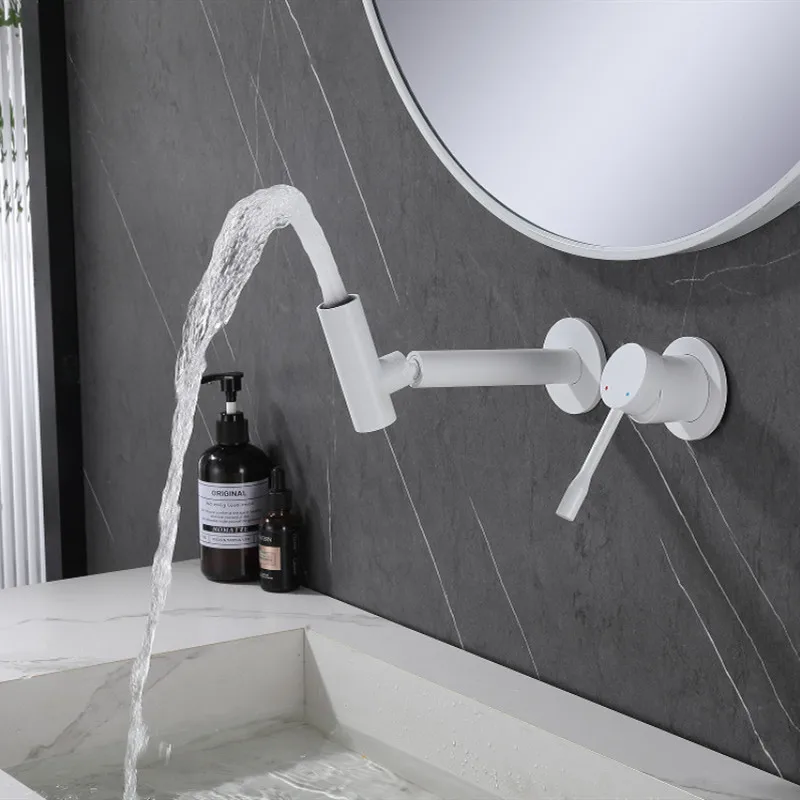 

Wall Mounted Bathroom Basin Faucet Brass Sink Mixer Tap Hot & Cold white Rotation Spout Sink Faucet Lavatory Crane Tap