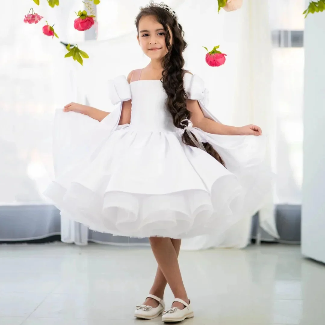 Customized White Flower Girl Dress For Wedding Satin Knee Length With Bow Puffy Kids Pageant Birthday Party Formal Events Gown