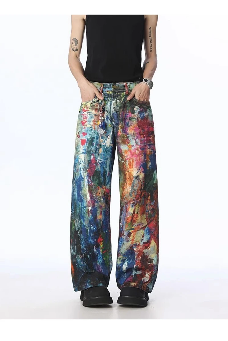Vintage 3D Farbe Druck Splashed Tinte Ölgemälde Dünne Gerade Bein Denim Jeans Männer Streetwear Y2k Beiläufige Breite Jeans Hosen Mann – Detail 2