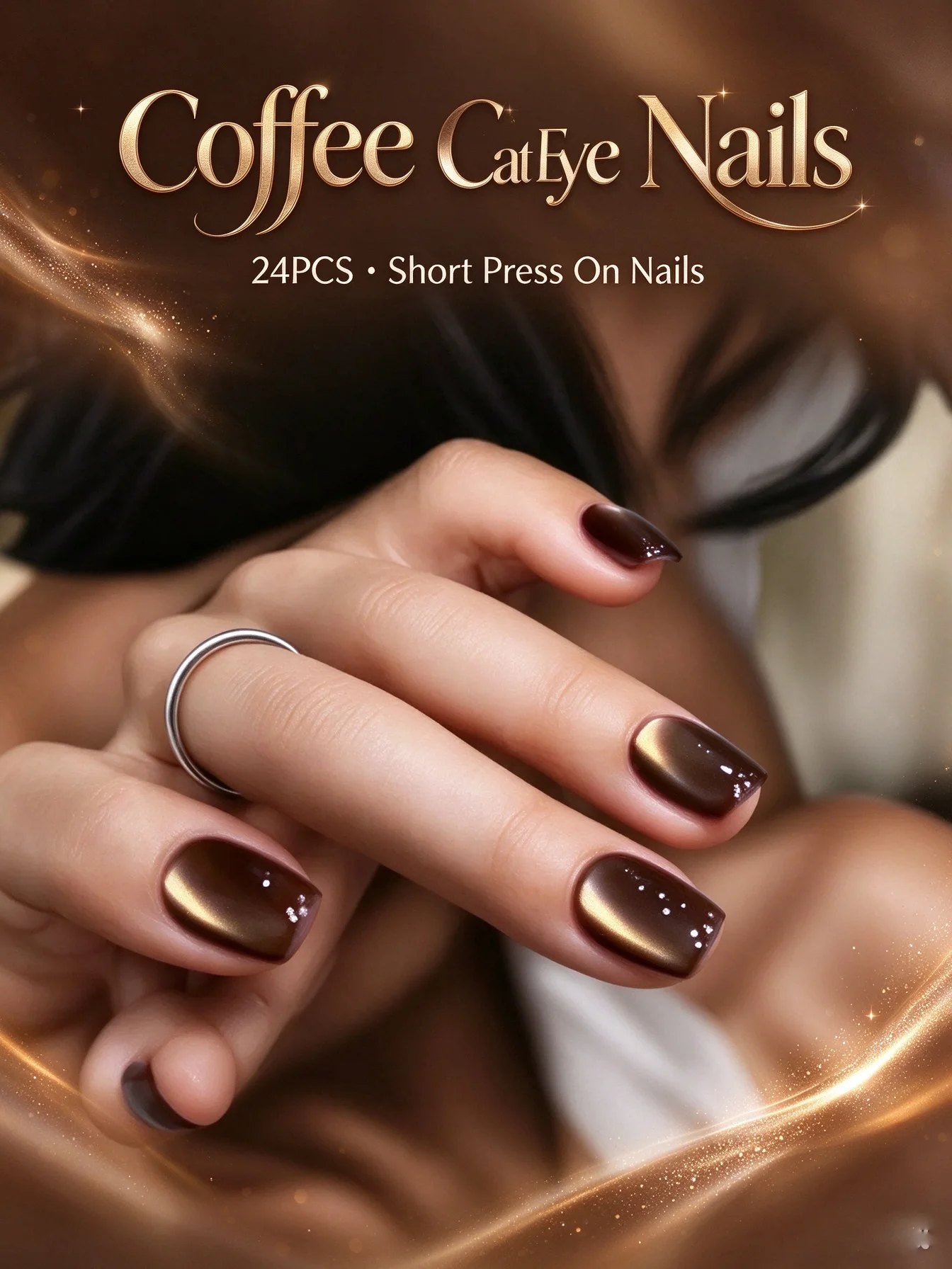24Pcs Short Coffee Cat Eye Press on Nails Ins Style Simple Trendy Removable Wearable Nail Patches for Easy Application