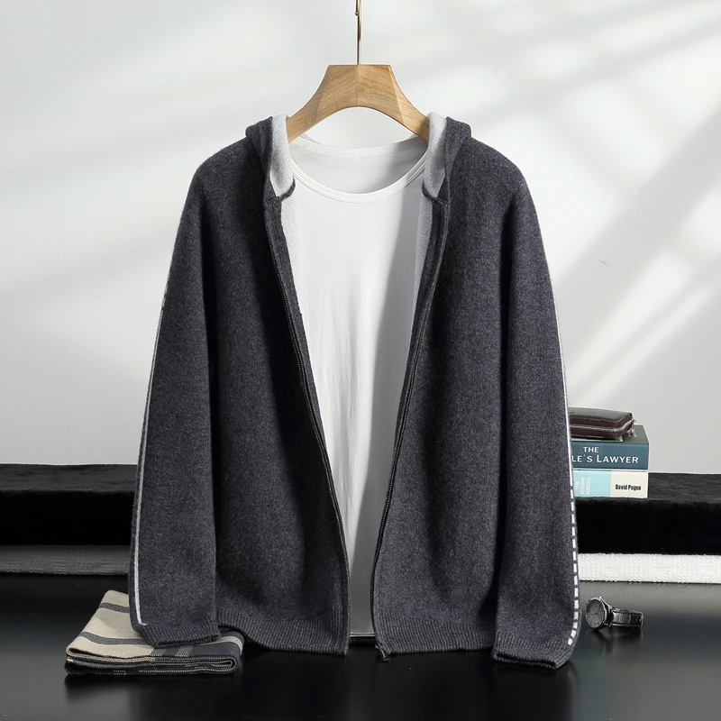 Men'S Thickened Zipper Knit Hooded Cardigan New Casual Loose Fit 100% Pure Cashmere Coat Sweater For Autumn And Winter