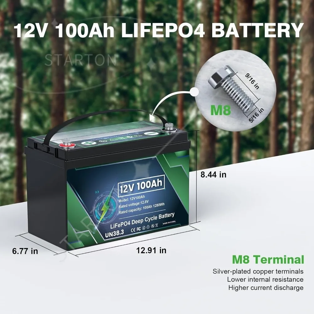 LiFePO4 Battery 12V Lithium Battery 100Ah,15000 Deep Cycle Marine Lithium Batteries Built-in 100A BMS 1280Wh