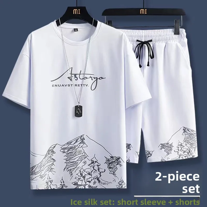 

Ice Silk Short Sleeve T-Shirt Set Men's Summer Fashion Brand Complete Set Casual Sports Teenagers' Clothing Short Pants